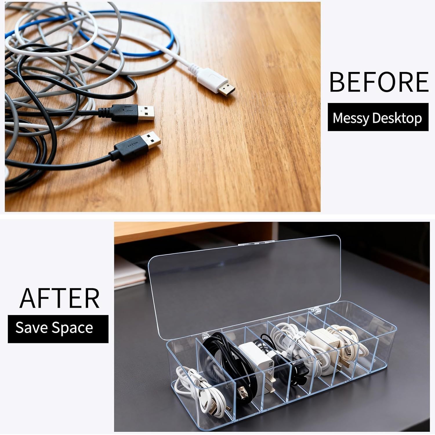 4 Pack Cable Storage Organizer, 10 In Plastic Cord Storage Box with 30 Wire Ties, Clear Charger Organizer with Lid for Office Home Desk Accessories