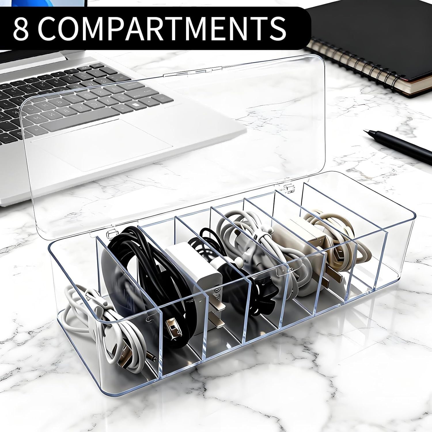 4 Pack Cable Storage Organizer, 10 In Plastic Cord Storage Box with 30 Wire Ties, Clear Charger Organizer with Lid for Office Home Desk Accessories