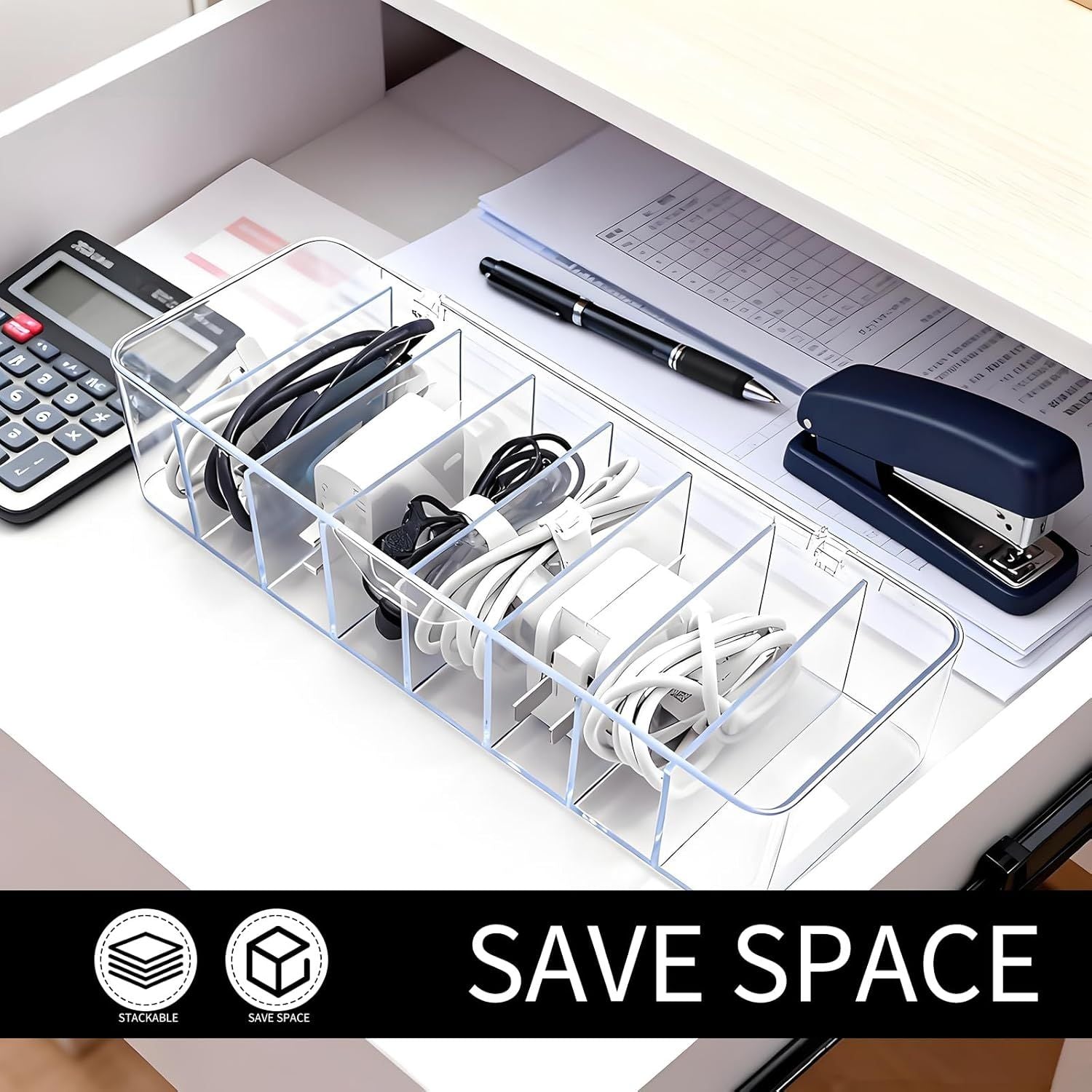 4 Pack Cable Storage Organizer, 10 In Plastic Cord Storage Box with 30 Wire Ties, Clear Charger Organizer with Lid for Office Home Desk Accessories