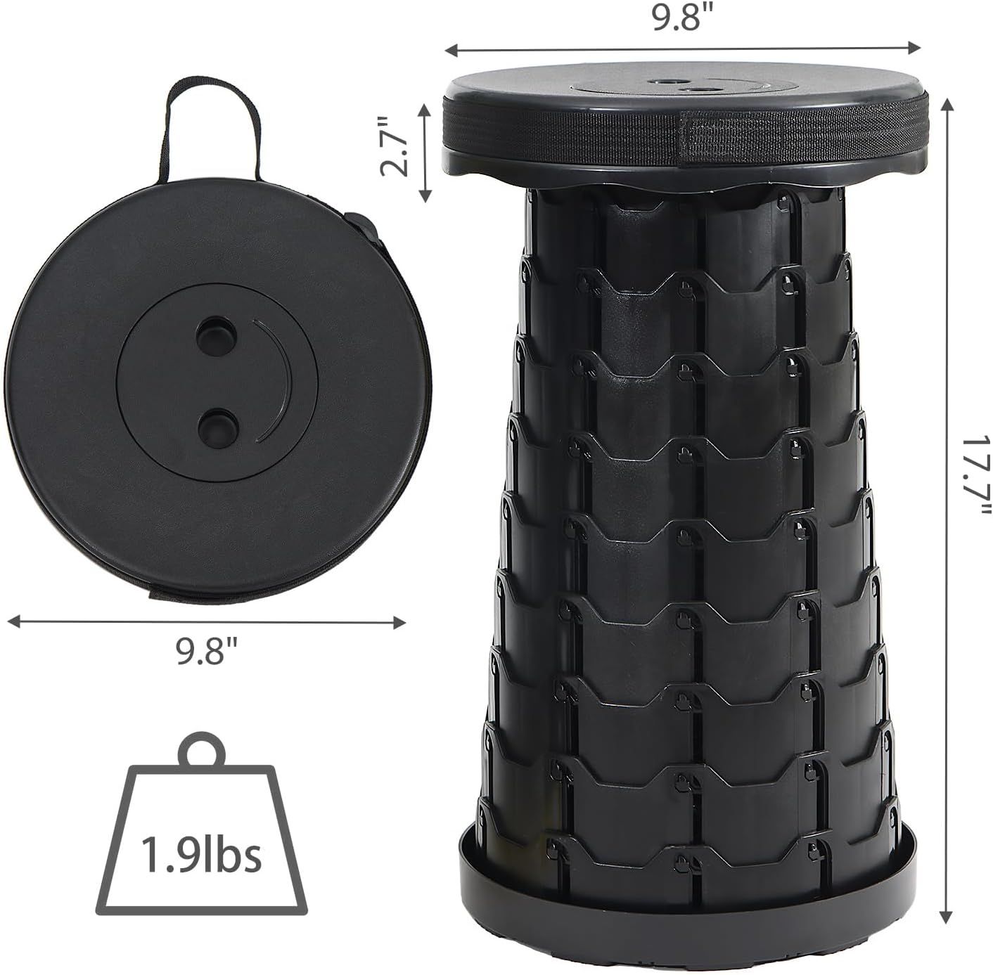 Portable Telescoping Foldable Stool - Lightweight, Outdoor Essential for Camping, Picnicking, Park Leisure, Fishing, Hiking & BBQ Black