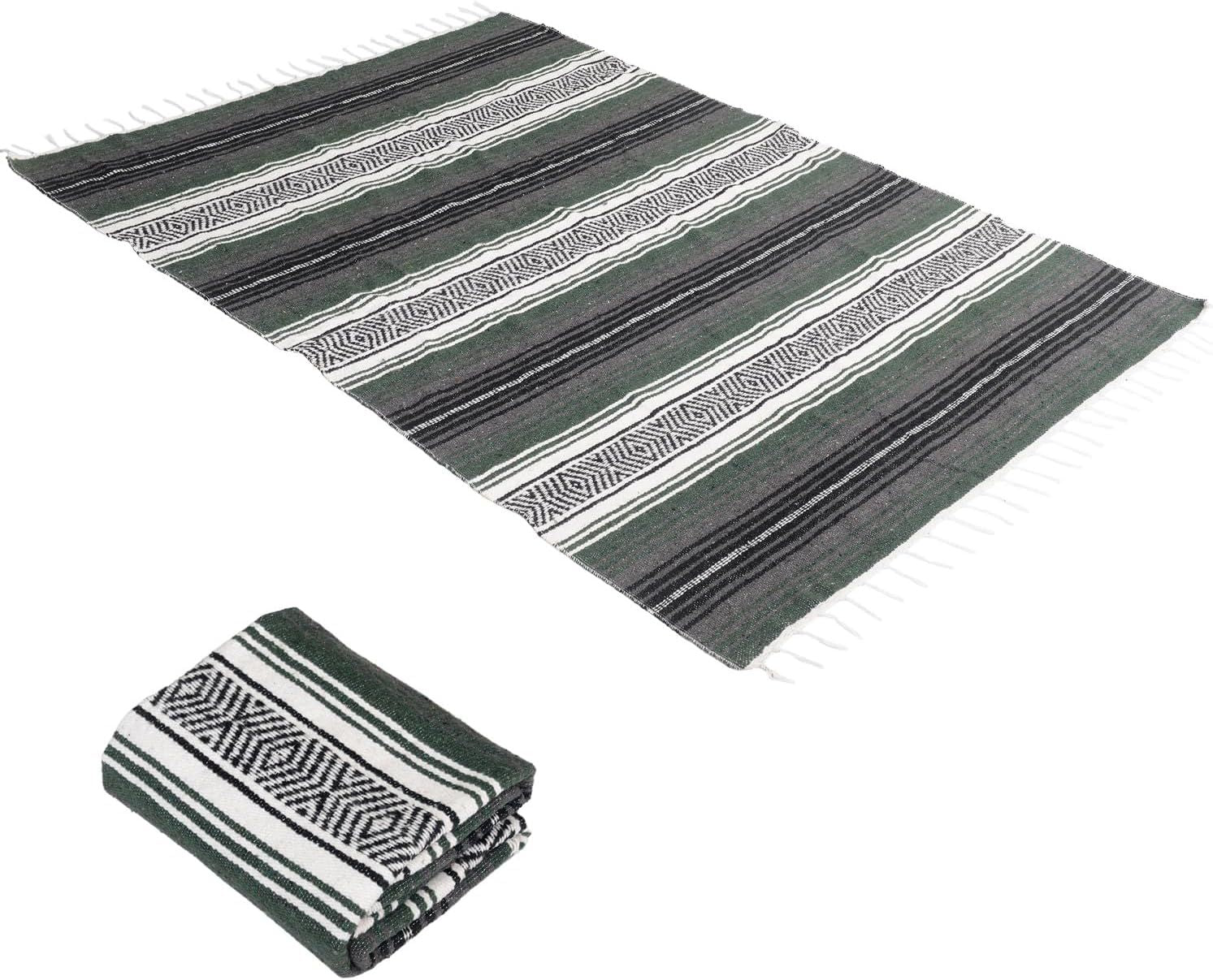 Handwoven Mexican Blanket - Lightweight Yoga, Beach, Camping & Picnic Blanket - Durable Blanket for Outdoor, Equestrian & Home Decor Forest Green