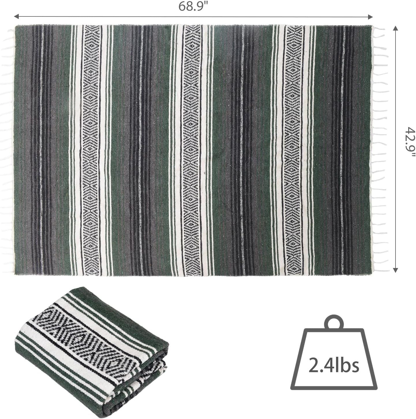 Handwoven Mexican Blanket - Lightweight Yoga, Beach, Camping & Picnic Blanket - Durable Blanket for Outdoor, Equestrian & Home Decor Forest Green