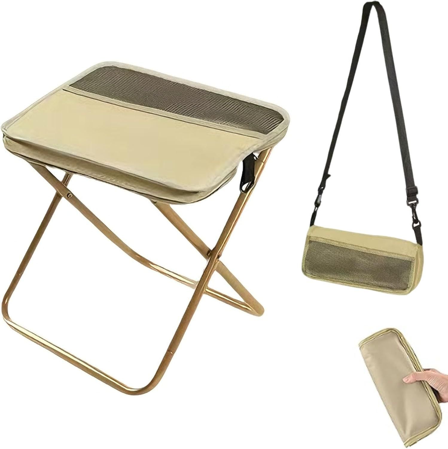 Collapsible Stool Folding Stool for Adults, Foldable Backpack Stool Portable Chair Heavy Duty Compact Travel Camping Stool with Storage Pocket, Portable Folding Seat for Fishing Hiking Khaki, S