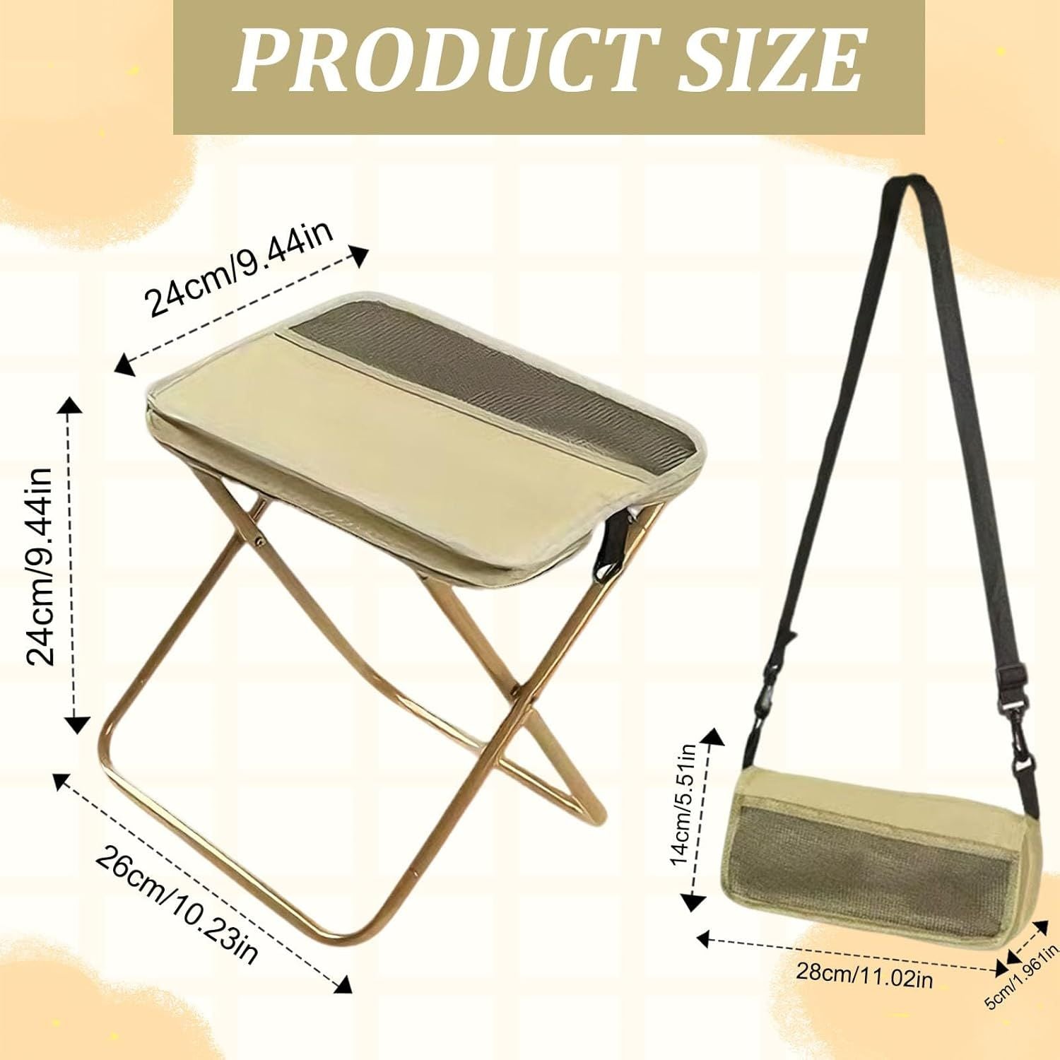 Collapsible Stool Folding Stool for Adults, Foldable Backpack Stool Portable Chair Heavy Duty Compact Travel Camping Stool with Storage Pocket, Portable Folding Seat for Fishing Hiking Khaki, S
