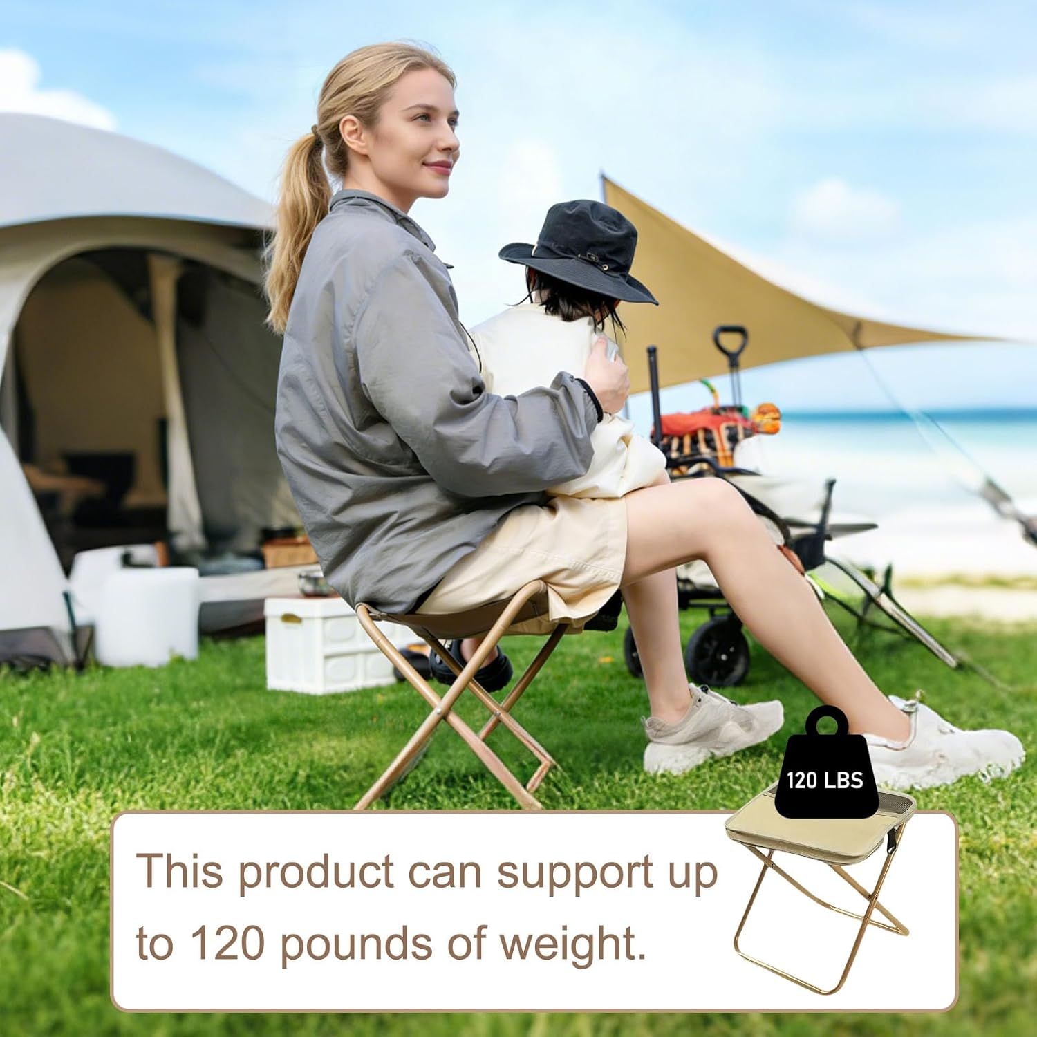 Collapsible Stool Folding Stool for Adults, Foldable Backpack Stool Portable Chair Heavy Duty Compact Travel Camping Stool with Storage Pocket, Portable Folding Seat for Fishing Hiking Khaki, S