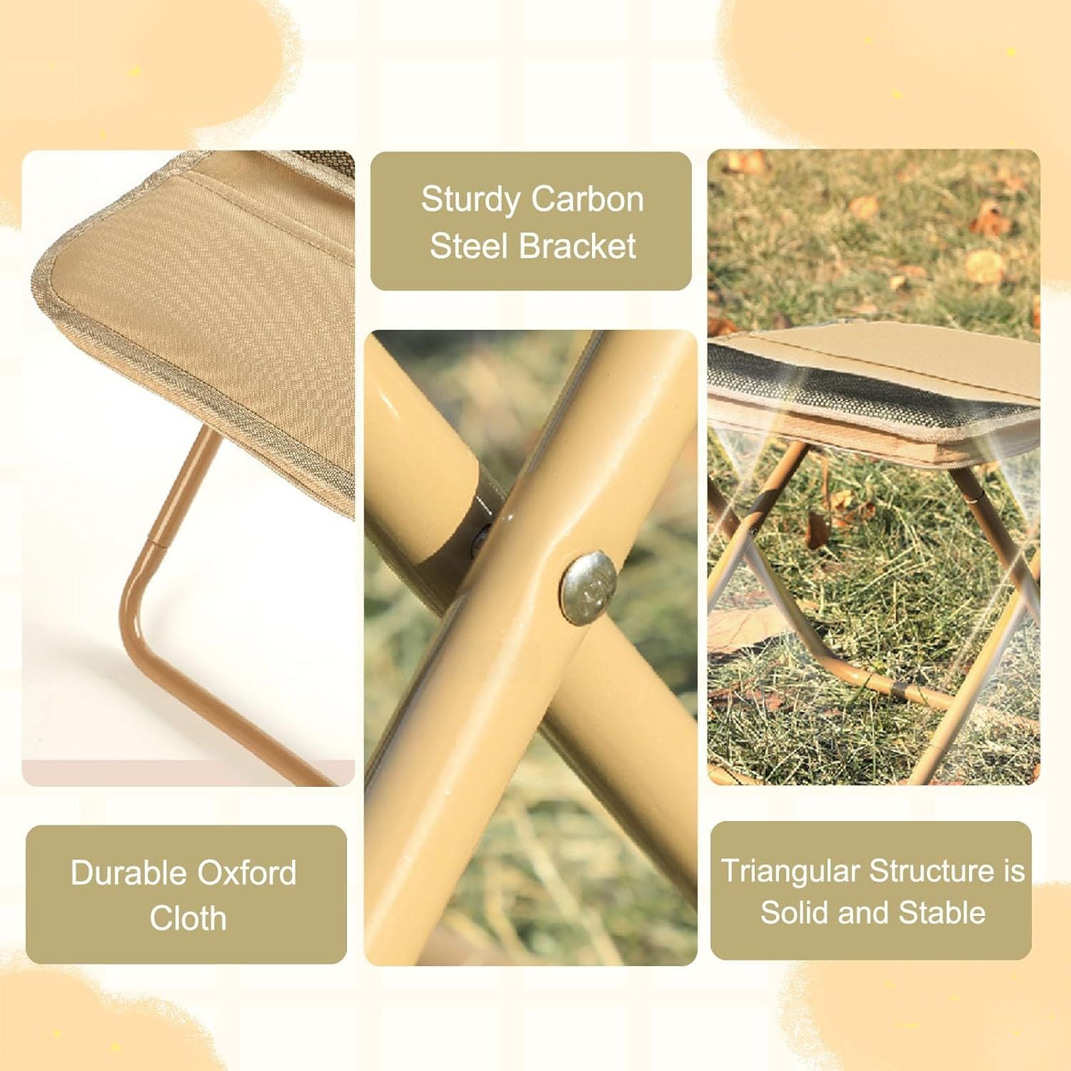 Collapsible Stool Folding Stool for Adults, Foldable Backpack Stool Portable Chair Heavy Duty Compact Travel Camping Stool with Storage Pocket, Portable Folding Seat for Fishing Hiking Khaki, S