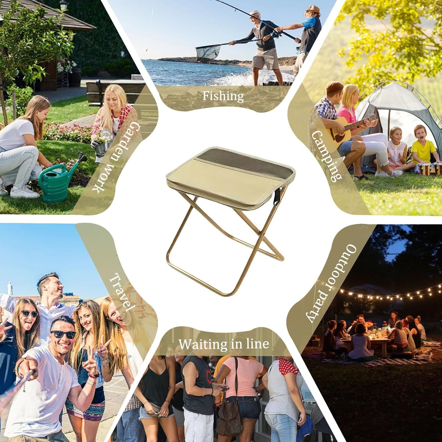 Collapsible Stool Folding Stool for Adults, Foldable Backpack Stool Portable Chair Heavy Duty Compact Travel Camping Stool with Storage Pocket, Portable Folding Seat for Fishing Hiking Khaki, S