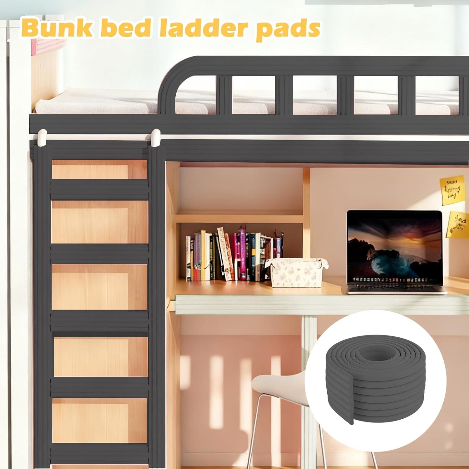 Soft Bunk Bed Ladder Pads with Cutter – Foam Step Padding & Ladder Cover for Kids’ Loft Beds, Dorm Ladders, Stairs & Edges, Easy-Cut Protective Pads for Comfortable Climbing and Home Safety Black