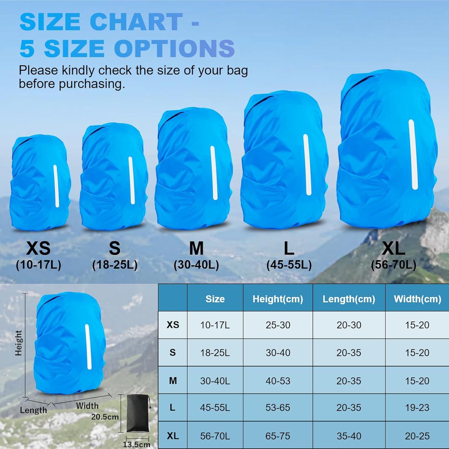 2pcs Waterproof Rain Cover for Backpack, Reflective Rainproof Protector for Anti-dust and Anti-Theft M 30L-40L Black