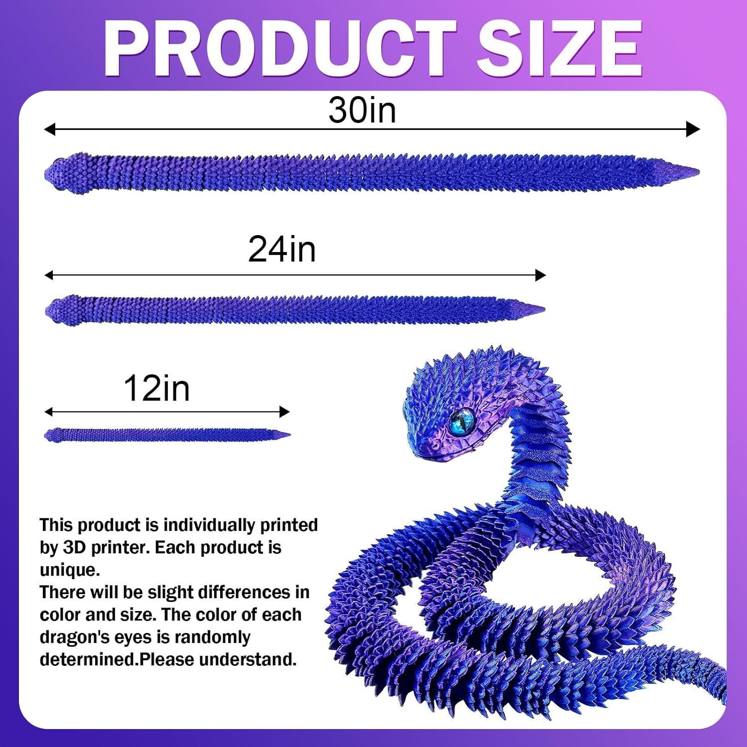 30 Inch 3D Printed Animals Snake, Surprise Mystery Fidget Anaconda Toy, Fake Python Statue with Realistic Eyes，3-D Print Articulated Viper Cobra Collectible for Home Office LSZ