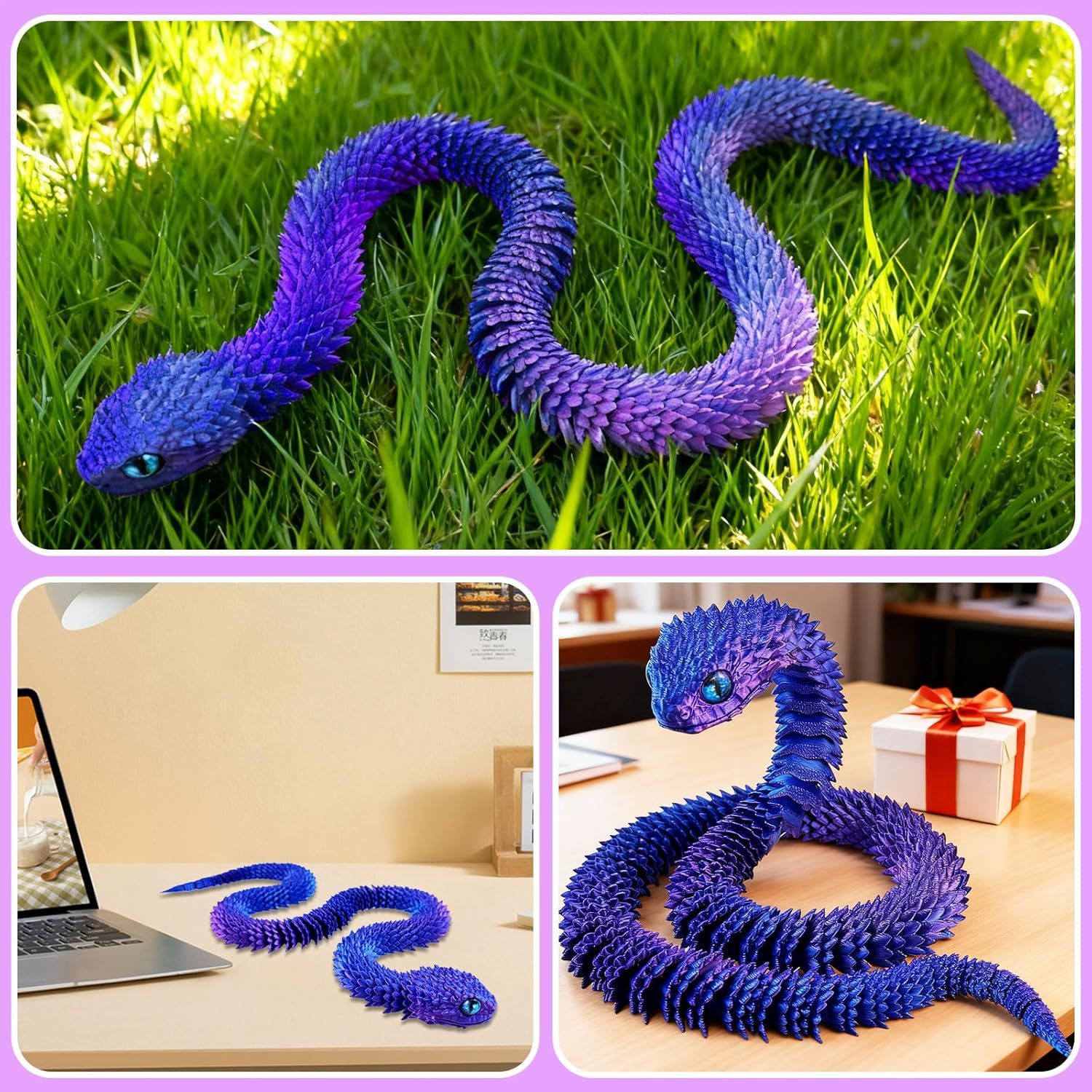30 Inch 3D Printed Animals Snake, Surprise Mystery Fidget Anaconda Toy, Fake Python Statue with Realistic Eyes，3-D Print Articulated Viper Cobra Collectible for Home Office LSZ
