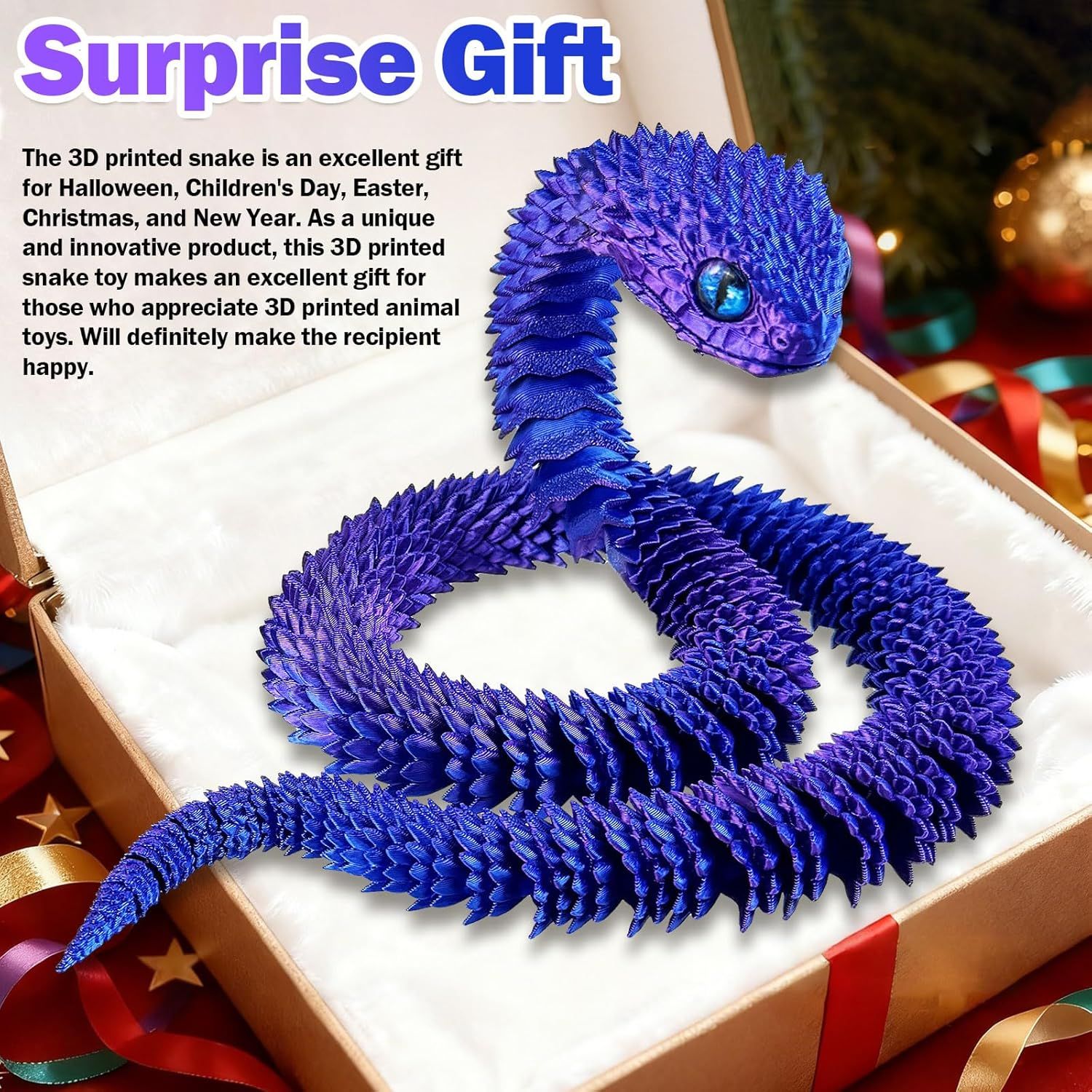 30 Inch 3D Printed Animals Snake, Surprise Mystery Fidget Anaconda Toy, Fake Python Statue with Realistic Eyes，3-D Print Articulated Viper Cobra Collectible for Home Office LSZ