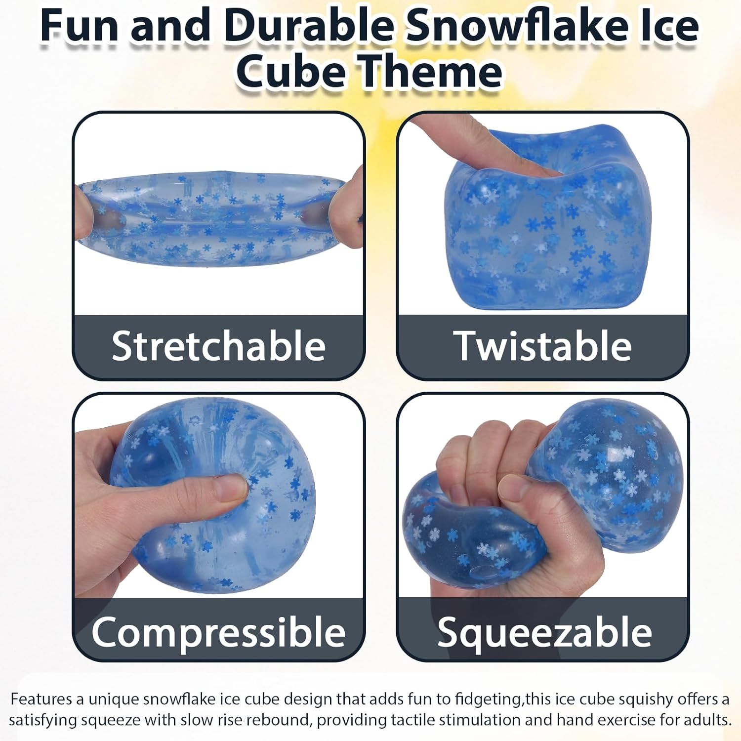 Snowflake Ice Cube Squishy Toy, Big Size 7cm Stress Relief Fidget Toys for Adults, Sensory Squishy Toys for Anxiety Relief and Focus, Soft Slow Rise Squeeze Toy for Stress Blue