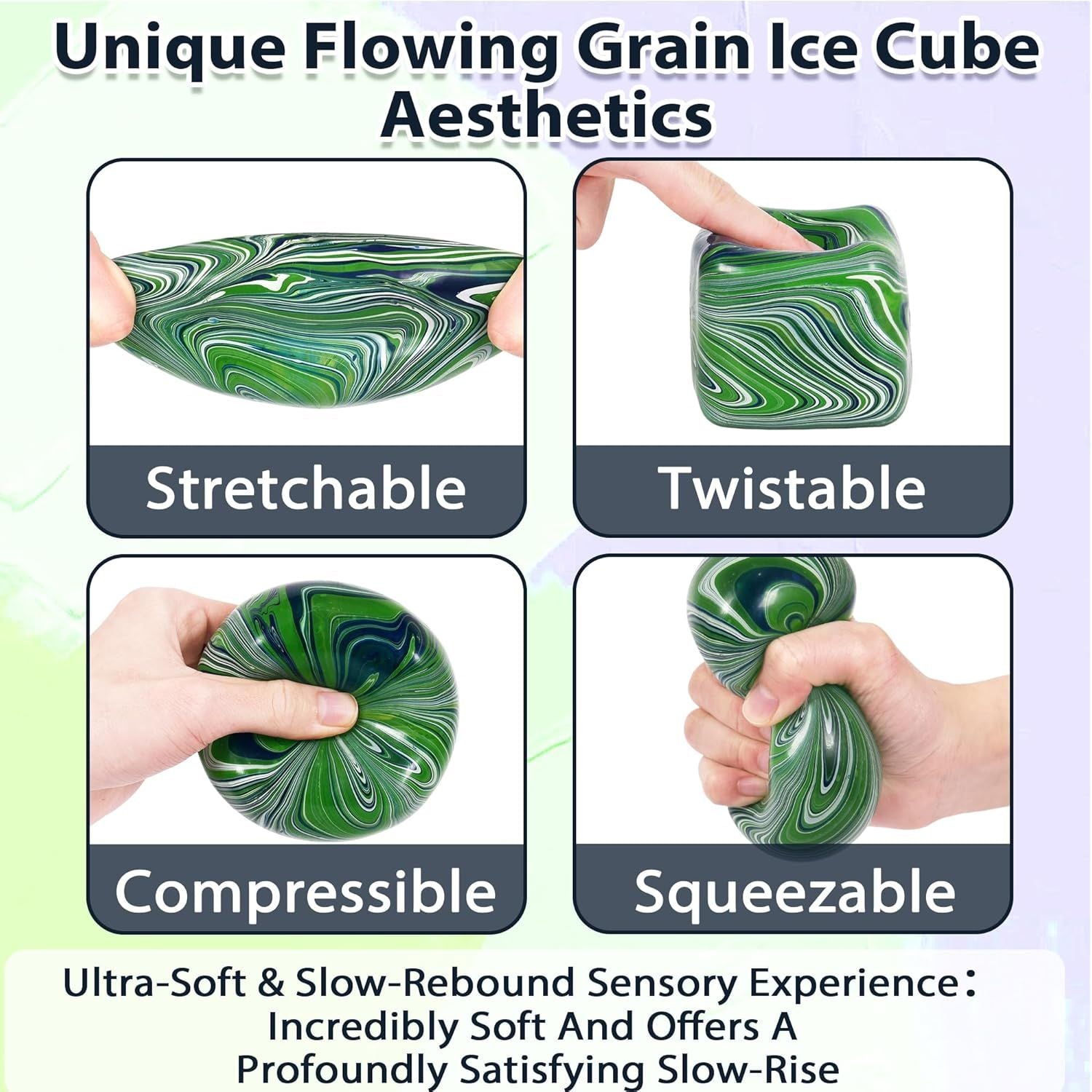Large Veined Ice Cube Squishy Toy, 7cm 2.76 Inch Big Stress Cube, Soft Sensory Fidget Toy for Anxiety Relief and Focus for Youth Adults, Squishy Ball Green