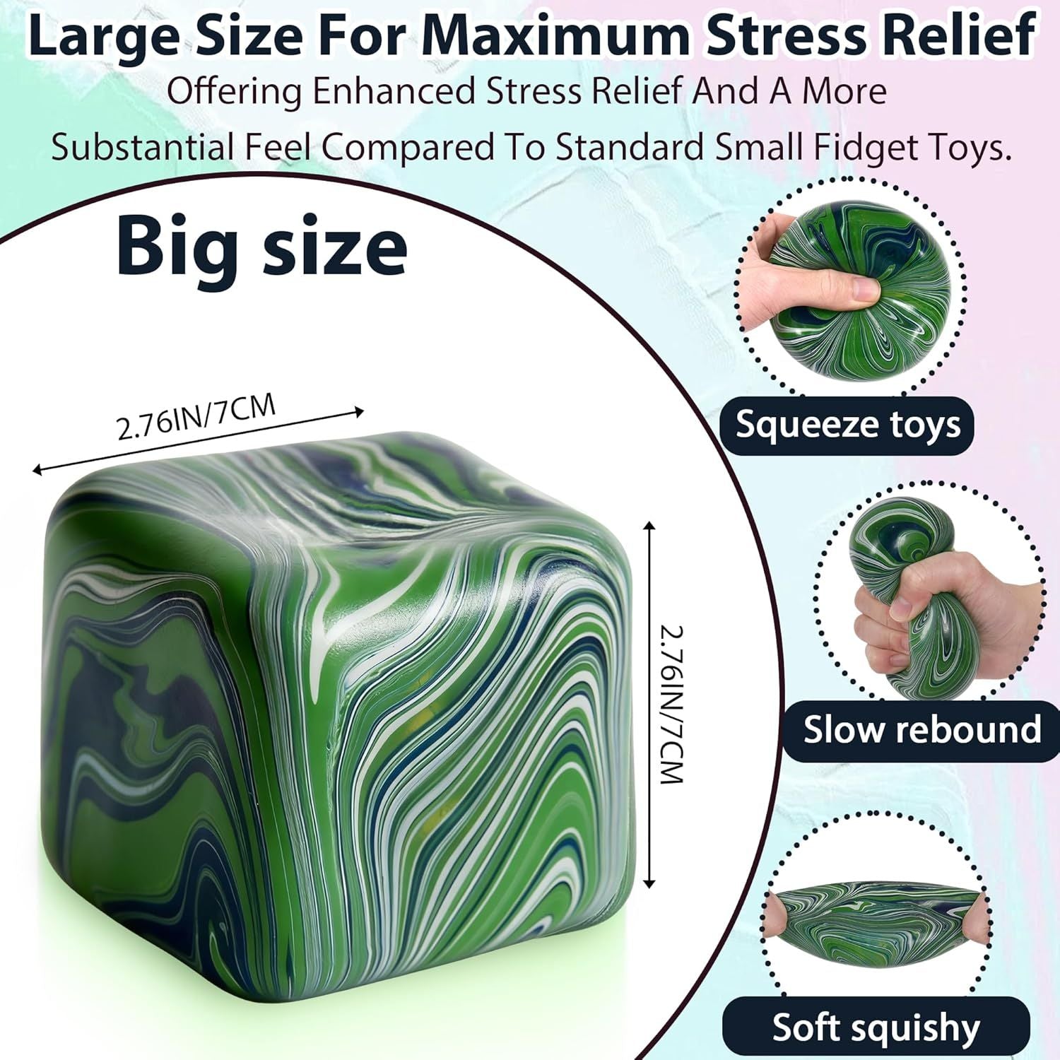 Large Veined Ice Cube Squishy Toy, 7cm 2.76 Inch Big Stress Cube, Soft Sensory Fidget Toy for Anxiety Relief and Focus for Youth Adults, Squishy Ball Green