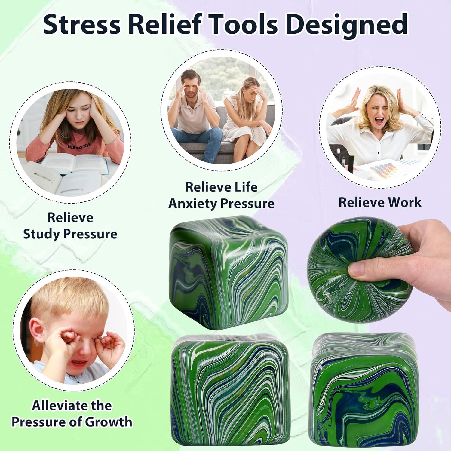 Large Veined Ice Cube Squishy Toy, 7cm 2.76 Inch Big Stress Cube, Soft Sensory Fidget Toy for Anxiety Relief and Focus for Youth Adults, Squishy Ball Green