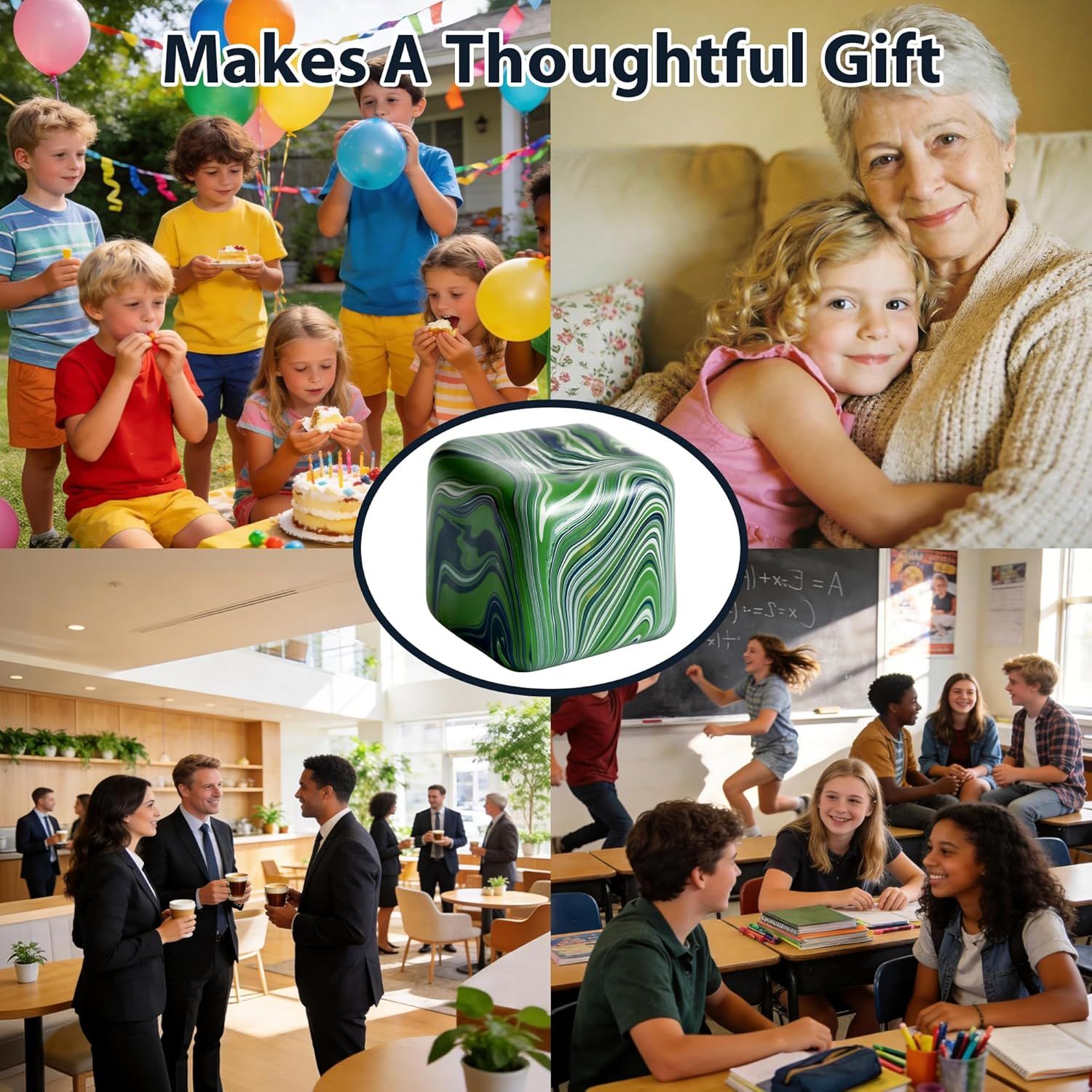 Large Veined Ice Cube Squishy Toy, 7cm 2.76 Inch Big Stress Cube, Soft Sensory Fidget Toy for Anxiety Relief and Focus for Youth Adults, Squishy Ball Green