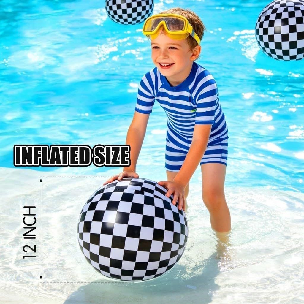 12 Pack 12 Inch Black and White Beach Balls, Checkered Flag Themed Inflatable Beach Ball Bulk Race Car Party Favors, Birthday Party Supplies for Summer Pool Party Decoration