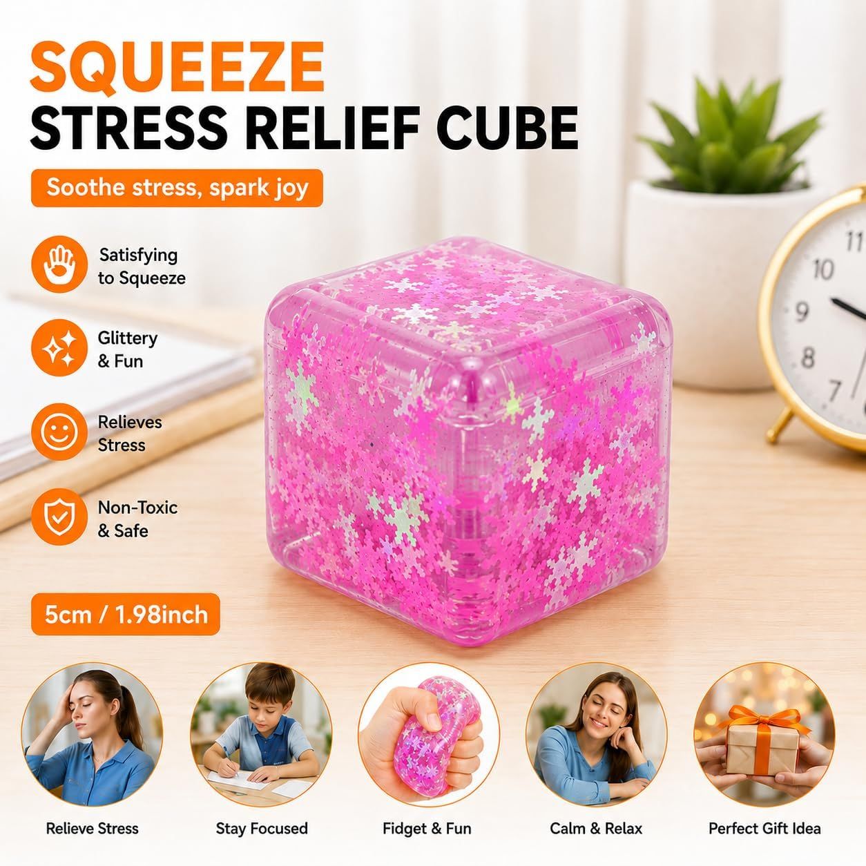 Ice Cube Squeeze Toy, Stress-Relief Sensory Toy, Slow Rebound Squeeze Cube, Suitable for Children and Adults, 1.98 Inch Snowflake Crushed Ice Purple