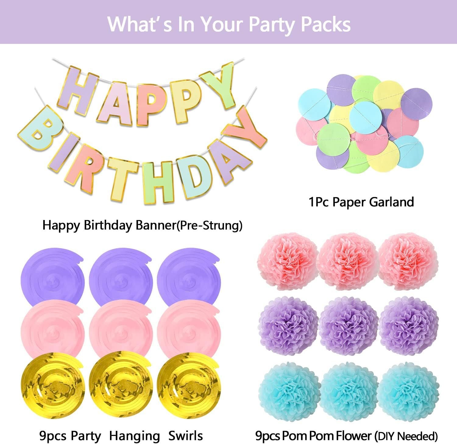 Macaron Birthday Decorations - 20-Pc Set with Pre-Strung Happy Birthday Banner, Tissue Paper, Garland, Swirls | Pastel Party Supplies for Women Girls Baby Shower, Adults Birthday Party Decor
