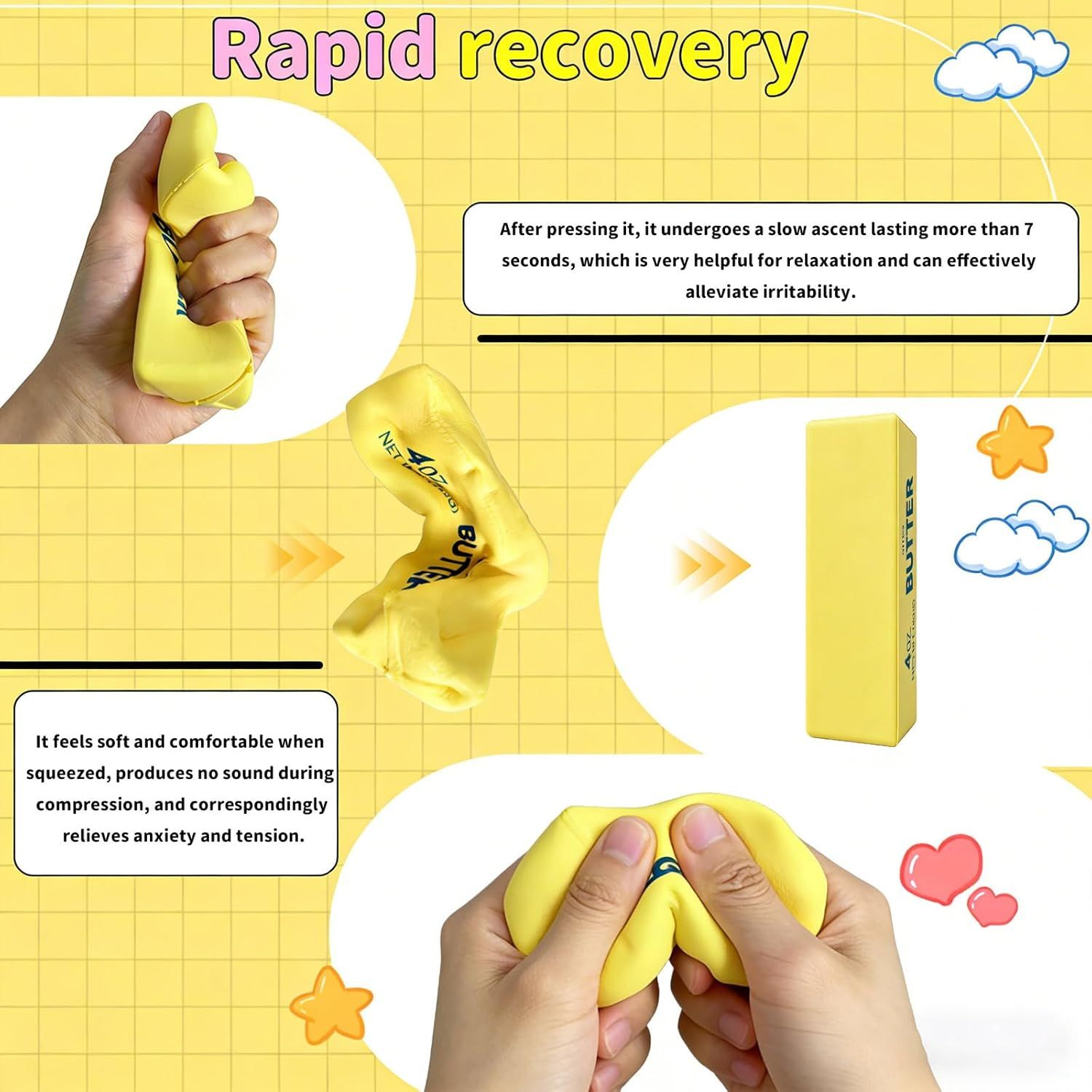 Slow Rebound Cute Butter Squeeze Stress Balls, 2026 New Realistic Soft Butter Stick Fidget Toy,Slow Rising Portable Squishy for Adults Anxiety & Stress Relief, Sensory Gifts for Office, Home 1pcs