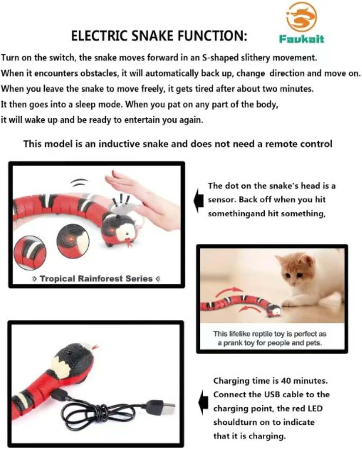 Cat Toys Snake Interactive,Kitten Toys,Realistic Smart Sensing Snake Toy,USB Rechargeable,Automatically Sense Obstacles and Escape,Electric Tricky Snake Cat Toys for Indoor Cats Dogs Pink snake