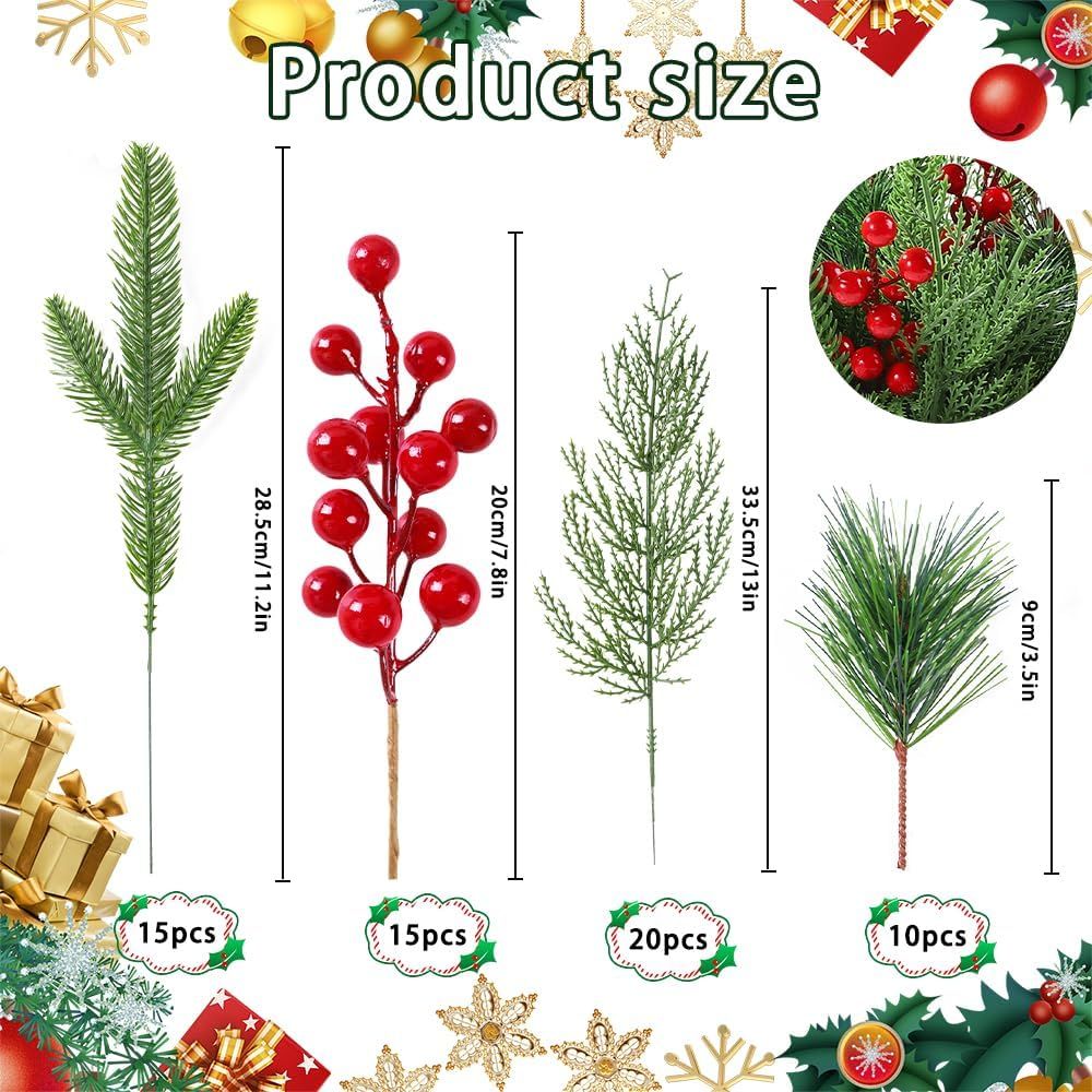 60 PCS Artificial Pine Branches Christmas Faux Pine Greenery Stems Red Holly Berries Fake Cedar Pine Needles Picks for Christmas Tree Wreath Garland Holiday Home Decoration