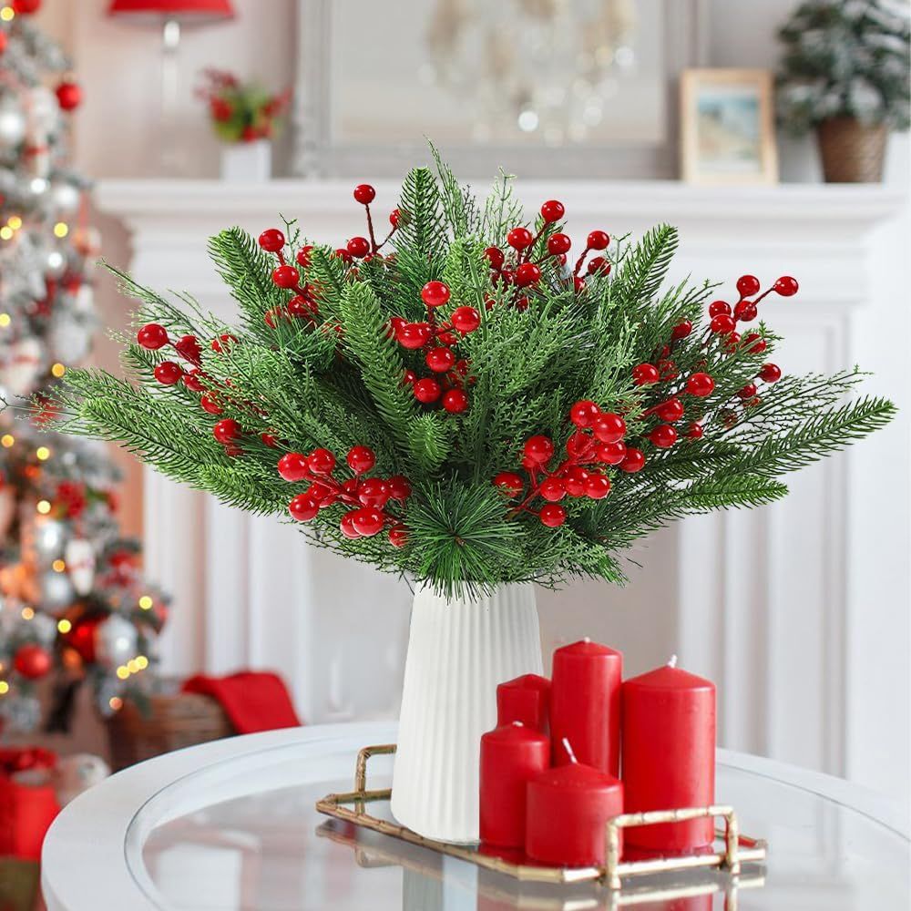 60 PCS Artificial Pine Branches Christmas Faux Pine Greenery Stems Red Holly Berries Fake Cedar Pine Needles Picks for Christmas Tree Wreath Garland Holiday Home Decoration