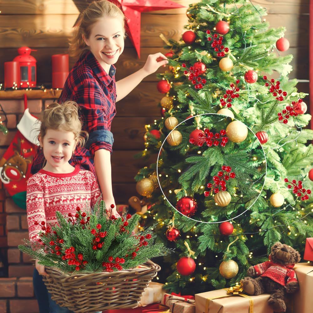 60 PCS Artificial Pine Branches Christmas Faux Pine Greenery Stems Red Holly Berries Fake Cedar Pine Needles Picks for Christmas Tree Wreath Garland Holiday Home Decoration