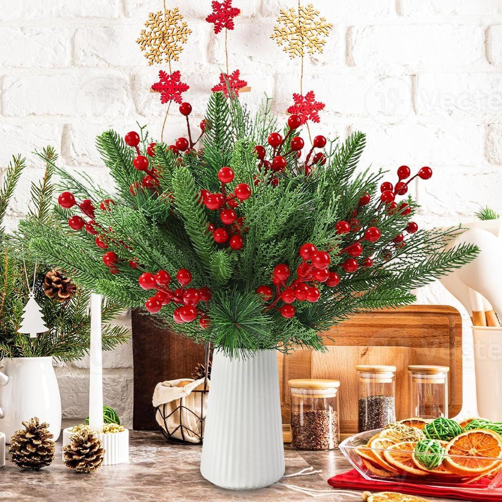 60 PCS Artificial Pine Branches Christmas Faux Pine Greenery Stems Red Holly Berries Fake Cedar Pine Needles Picks for Christmas Tree Wreath Garland Holiday Home Decoration