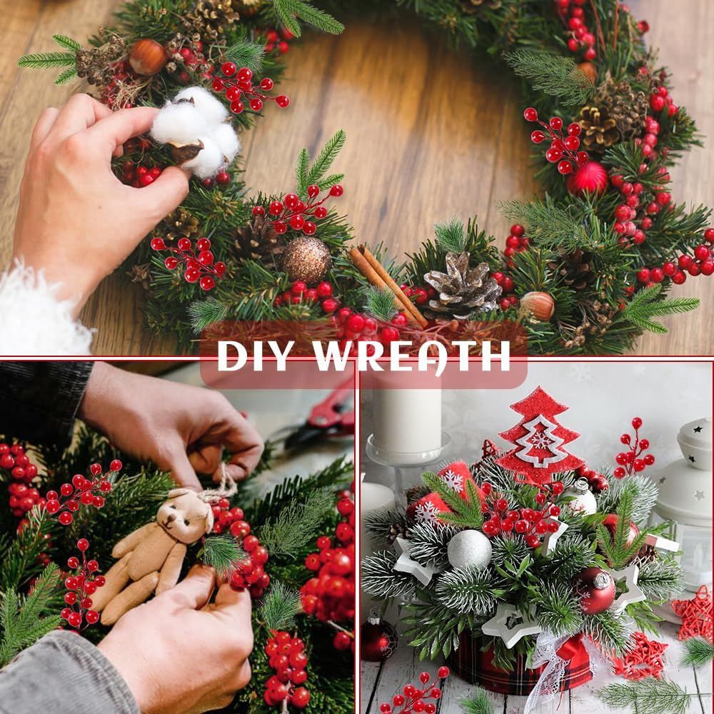 60 PCS Artificial Pine Branches Christmas Faux Pine Greenery Stems Red Holly Berries Fake Cedar Pine Needles Picks for Christmas Tree Wreath Garland Holiday Home Decoration