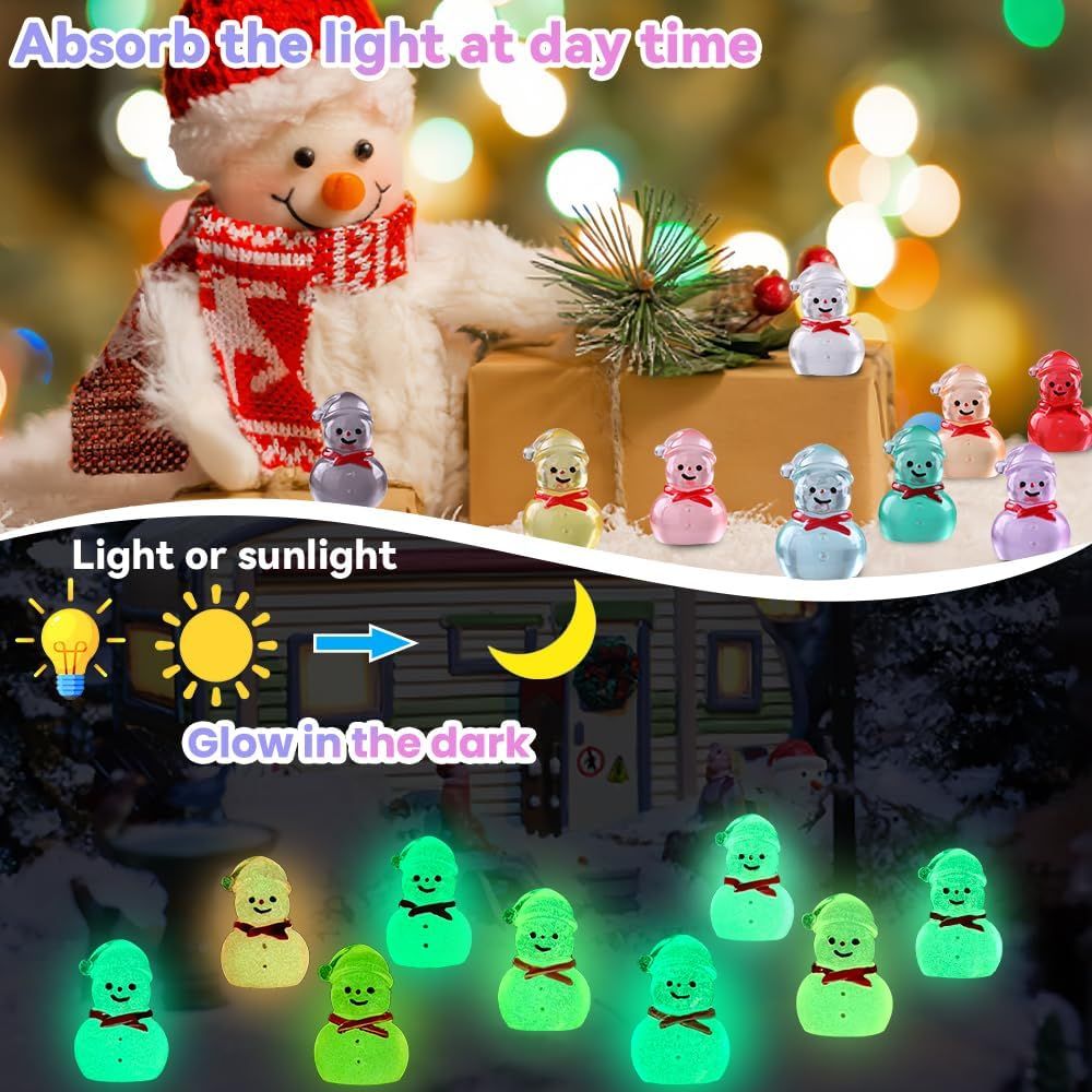 48 Pcs Christmas Mini Luminous Resin Snowman, 9 Colors Mini Resin Snowman Tiny Little Small Snowmen Glow in The Dark for Dollhouse Micro Fairy Garden Decor Christmas Fillers Party Favors