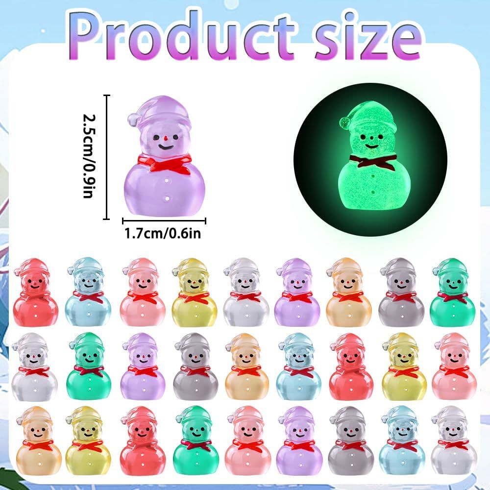 48 Pcs Christmas Mini Luminous Resin Snowman, 9 Colors Mini Resin Snowman Tiny Little Small Snowmen Glow in The Dark for Dollhouse Micro Fairy Garden Decor Christmas Fillers Party Favors