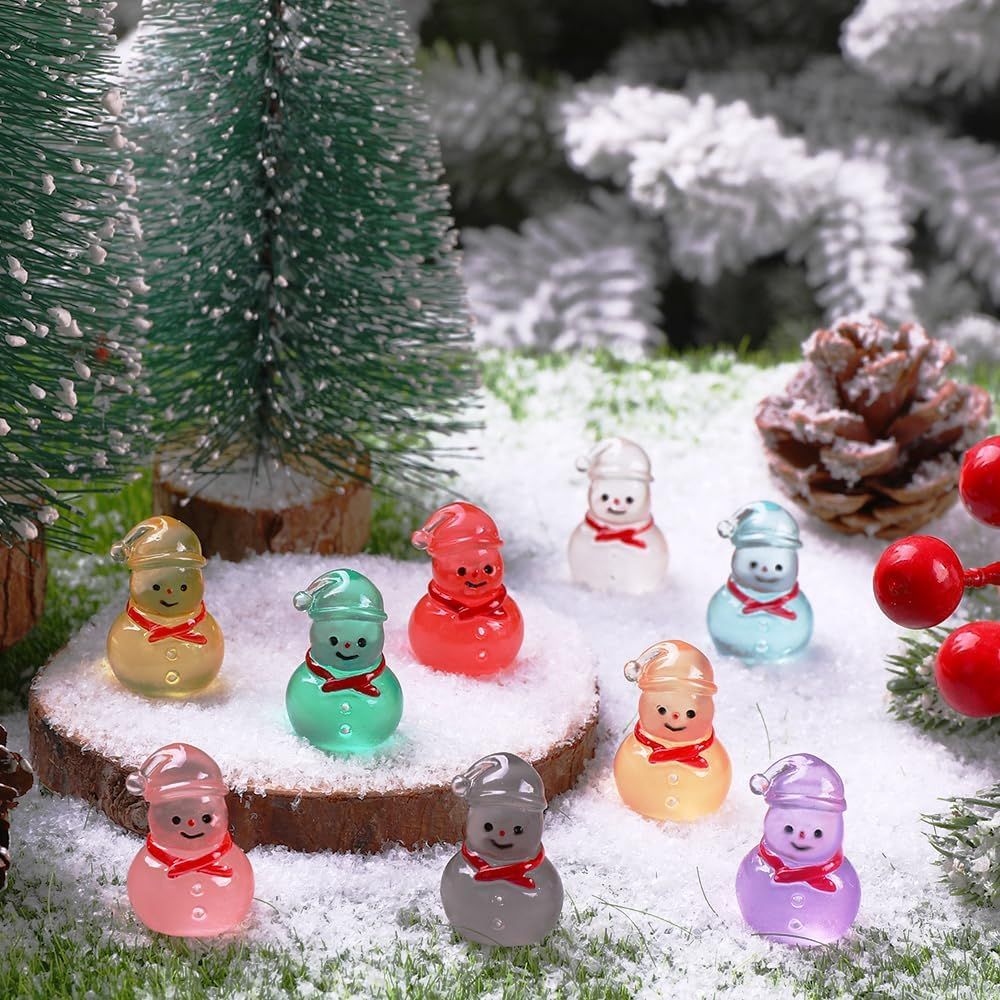 48 Pcs Christmas Mini Luminous Resin Snowman, 9 Colors Mini Resin Snowman Tiny Little Small Snowmen Glow in The Dark for Dollhouse Micro Fairy Garden Decor Christmas Fillers Party Favors