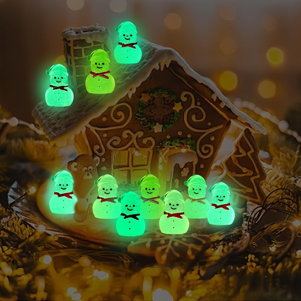 48 Pcs Christmas Mini Luminous Resin Snowman, 9 Colors Mini Resin Snowman Tiny Little Small Snowmen Glow in The Dark for Dollhouse Micro Fairy Garden Decor Christmas Fillers Party Favors