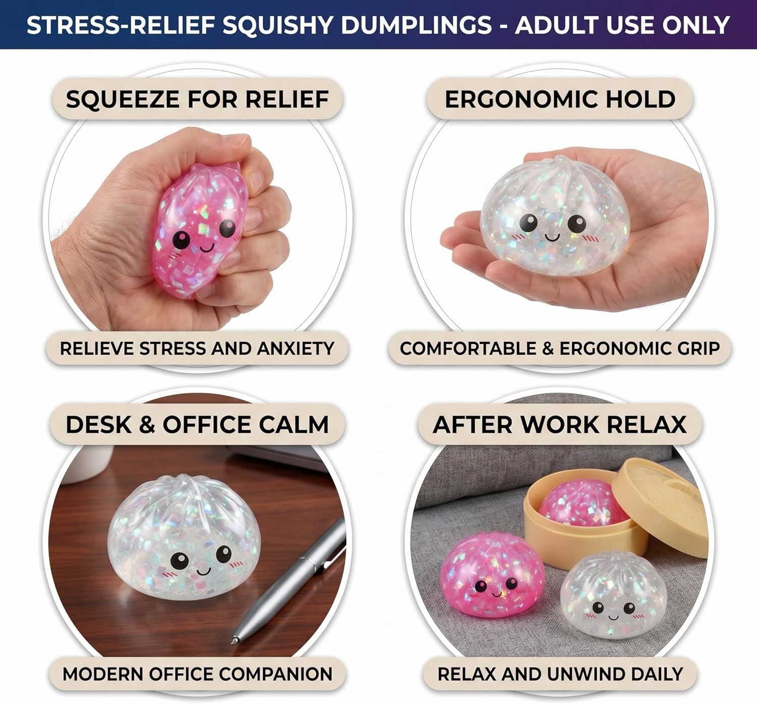 Glitter Dumpling Squishy Toy Dumpling Stress Ball with Steamer Case, Stress Relief Fidget Toy for Adults, Cute Squeeze Desk Toy Portable Toy Gift Idea Shimmer Pink
