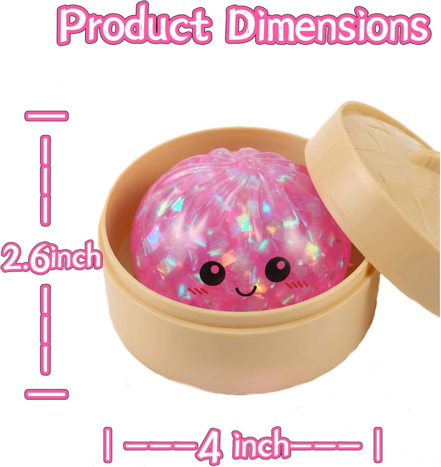Glitter Dumpling Squishy Toy Dumpling Stress Ball with Steamer Case, Stress Relief Fidget Toy for Adults, Cute Squeeze Desk Toy Portable Toy Gift Idea Shimmer Pink