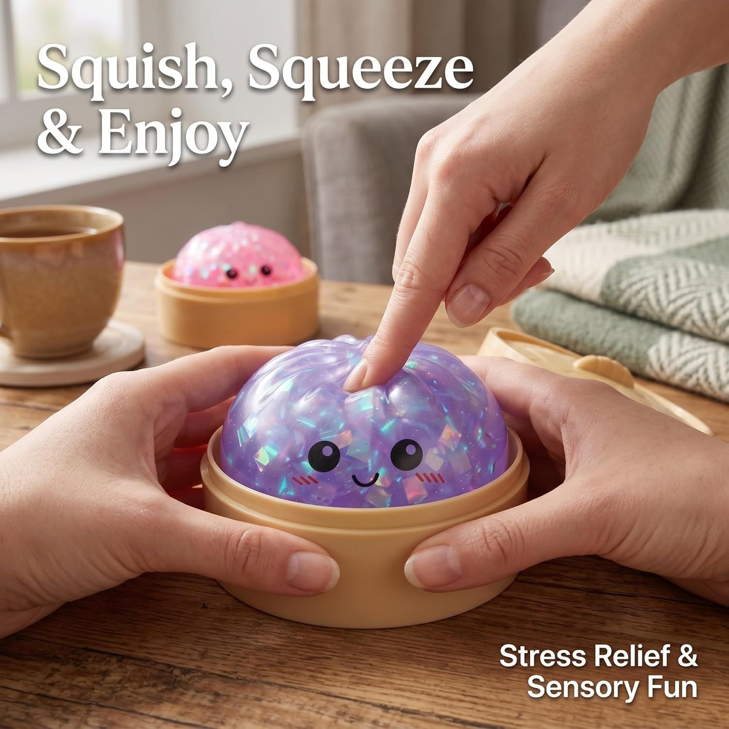 Glitter Dumpling Squishy Toy Dumpling Stress Ball with Steamer Case, Stress Relief Fidget Toy for Adults, Cute Squeeze Desk Toy Portable Toy Gift Idea Shimmer Pink