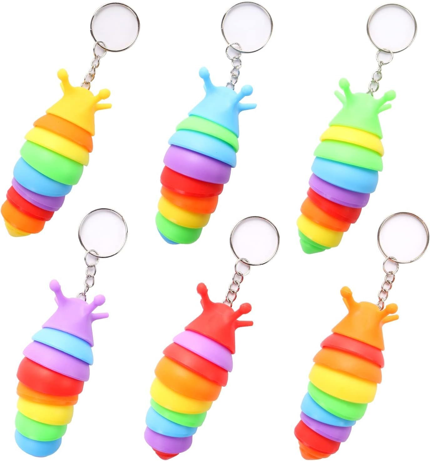 6 PCS Mini Fidget Slug Key-chain Toys,3D Articulated Stretch Caterpillar Sensory Stress Relief Flexible Hand Toy, Ideal Party Favor Colorful Office Desk Pet Toys Random Color