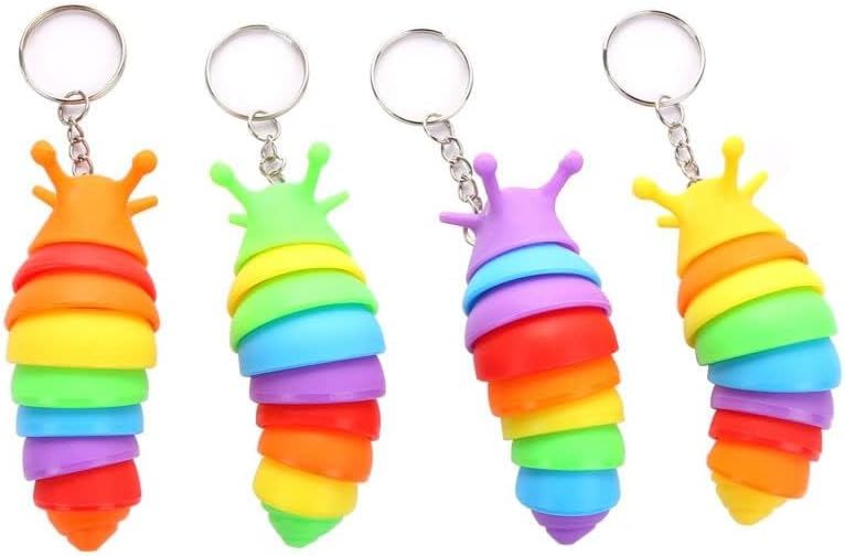 4 PCS Mini Fidget Slug Key-Chain Toys,3D Articulated Stretch Caterpillar Sensory Flexible Hand Toy, Ideal Party Favor Colorful Office Desk Pet Toys Random Color
