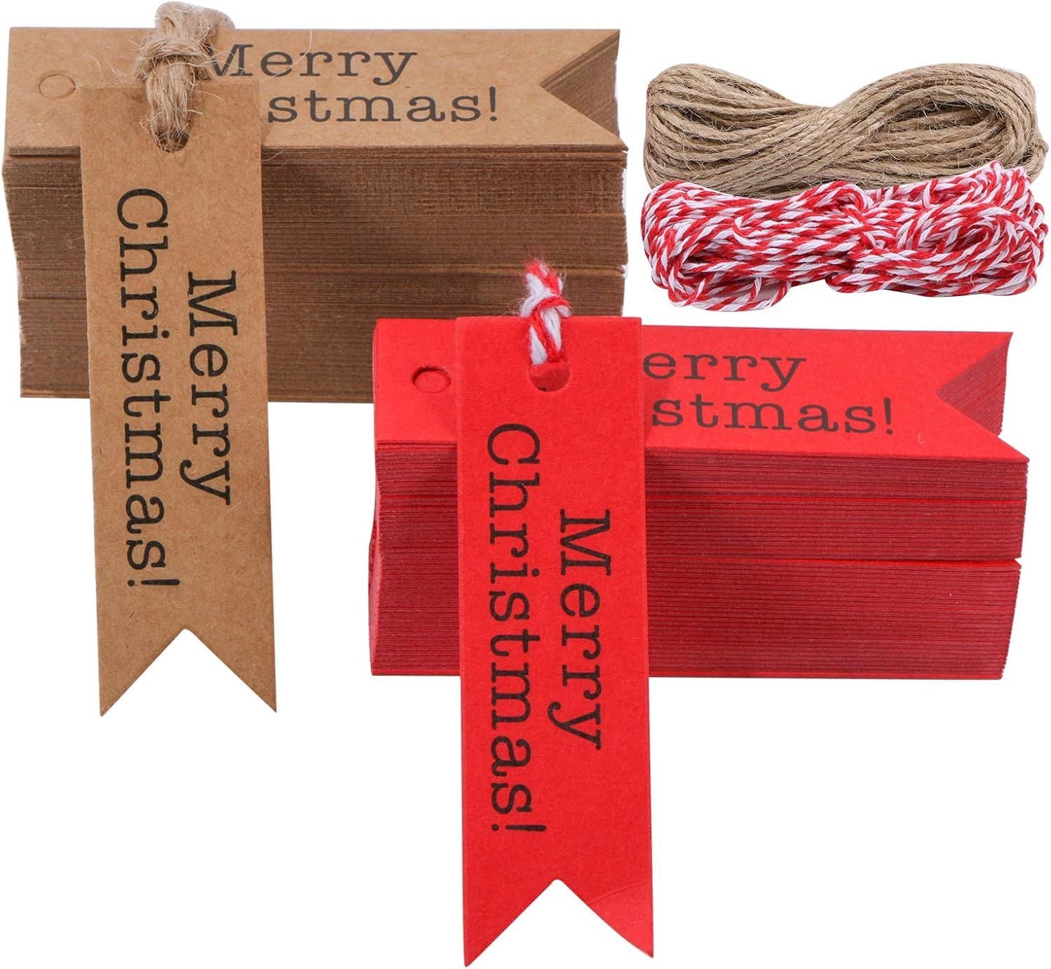 200 PCS Merry Christmas Gift Tags,Mini Kraft Paper Gift Tags,Craft Hanging Decoration Labels with 65.6 Feet Twines String for DIY Art and Home Party 100Red+100Brown
