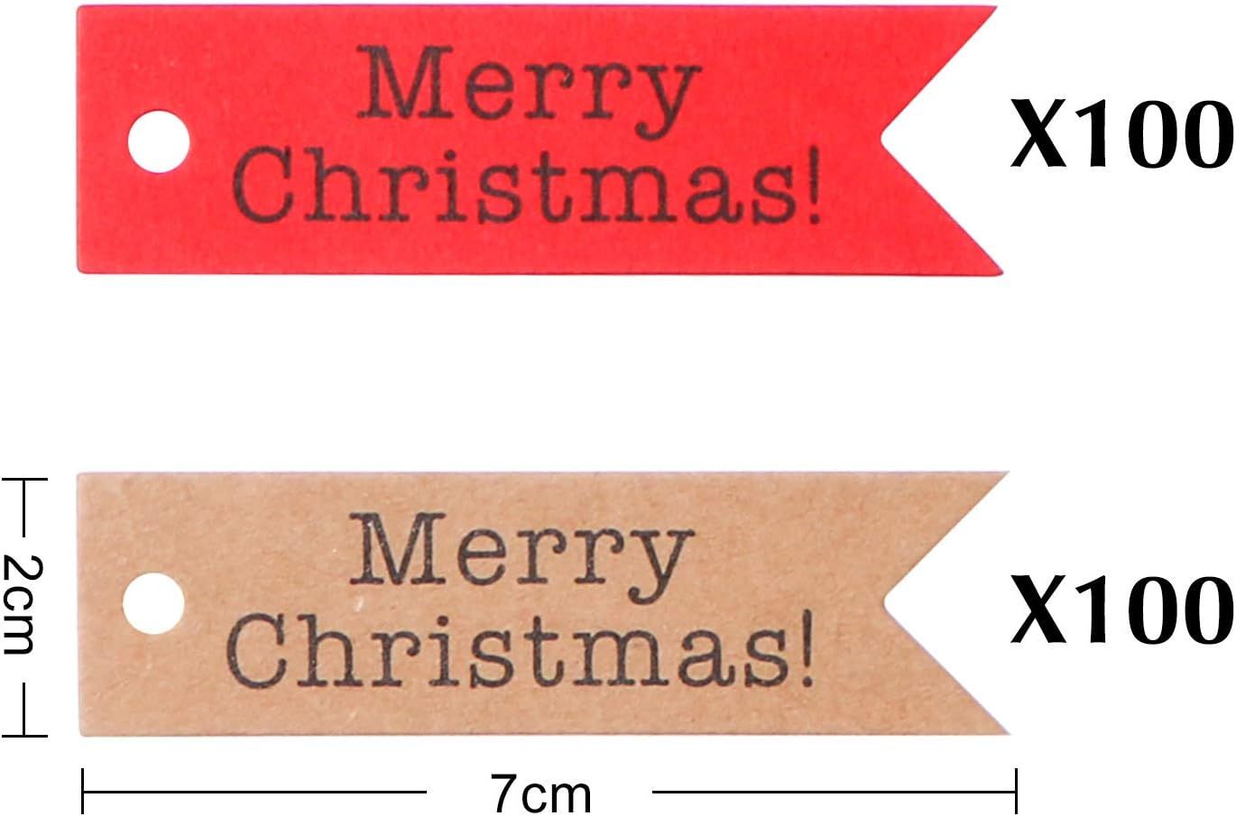 200 PCS Merry Christmas Gift Tags,Mini Kraft Paper Gift Tags,Craft Hanging Decoration Labels with 65.6 Feet Twines String for DIY Art and Home Party 100Red+100Brown