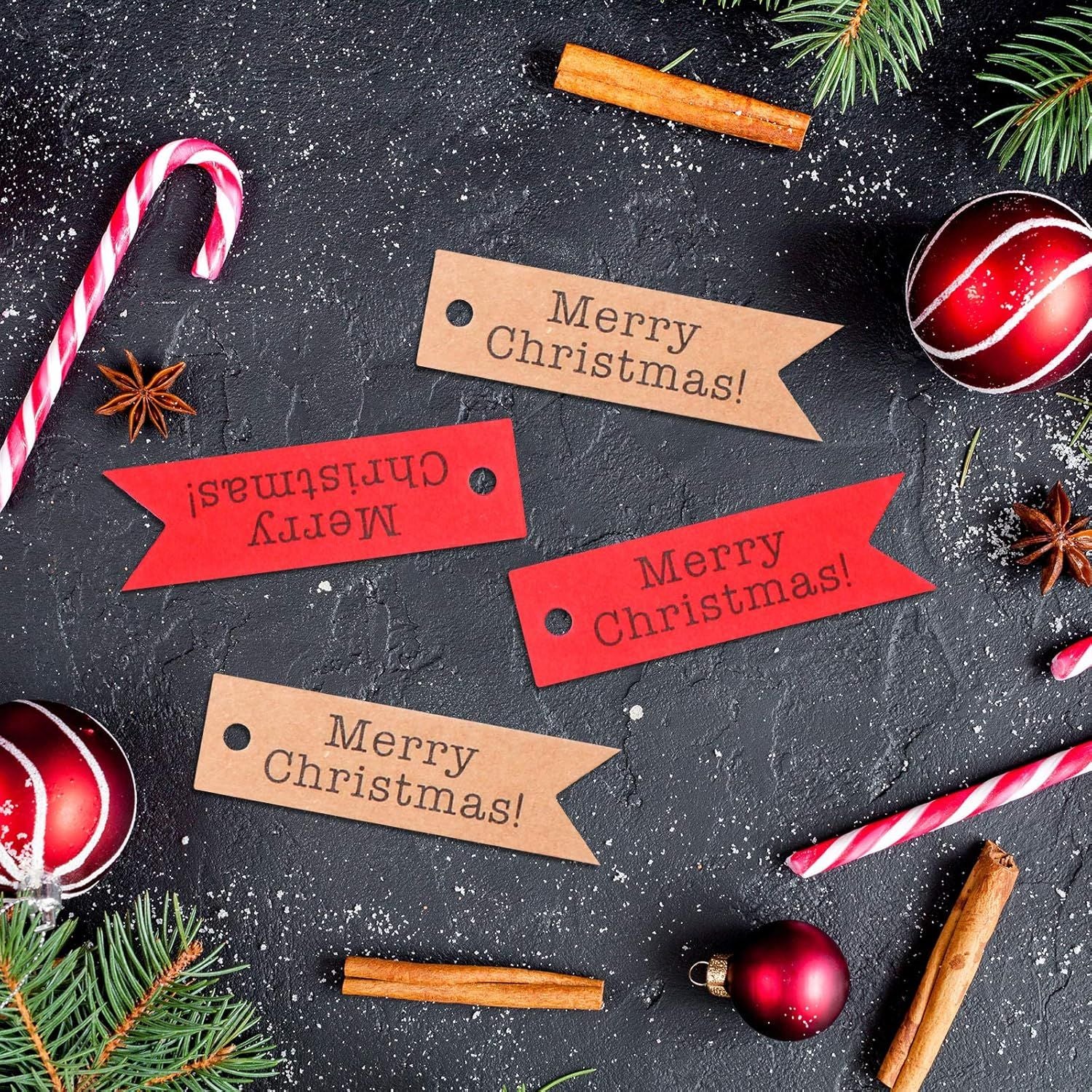 200 PCS Merry Christmas Gift Tags,Mini Kraft Paper Gift Tags,Craft Hanging Decoration Labels with 65.6 Feet Twines String for DIY Art and Home Party 100Red+100Brown