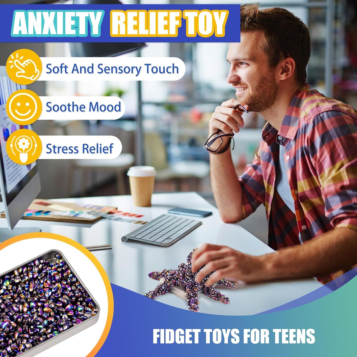 Fidget Toys for Teen Boys Adult, 500pc Metal Cool Gadgets Gift Quiet Office Desk Sensory Stress Fidgets Beads Stones Toy Anxiety Relief Items for Teen Girls ADHD Autism Autistic Ferrite Putty