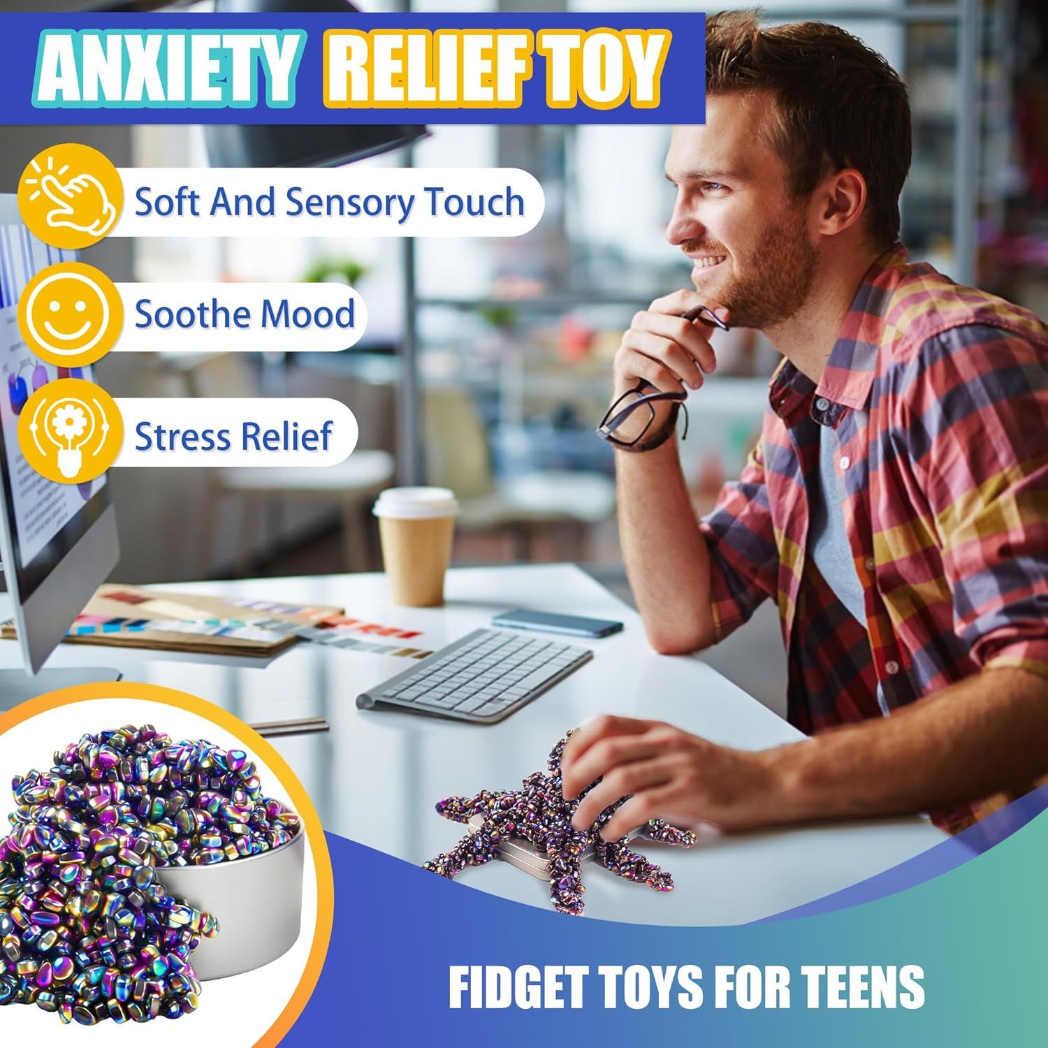 1000pcs Easter Basket Stuffers for Teens Boy, Fidget Toys Metal Balls Stones Beads Quiet Office Desk Stress Anxiety Relief Cool Gadget Sensory Autism Ferrite Putty Valentines Day Gifts for Him