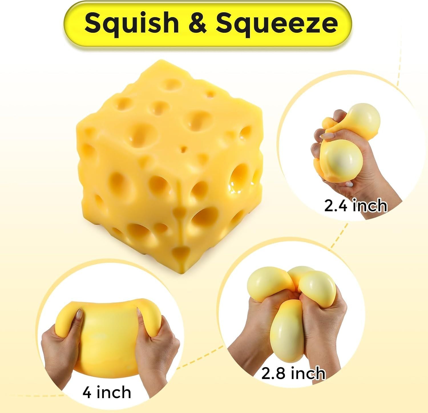 Cheese Squishy Cube Block, Squishy Fidget Toys for Adults & Teens, Easter Basket Stocking Stuffers, Sensory Stress Ball Squeeze Toys for Stress Relief Yellow 2.4 in
