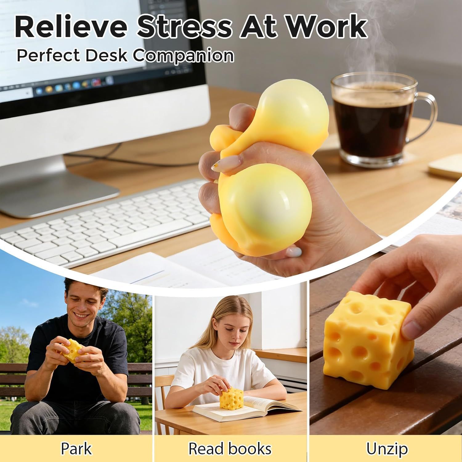 Cheese Squishy Cube Block, Squishy Fidget Toys for Adults & Teens, Easter Basket Stocking Stuffers, Sensory Stress Ball Squeeze Toys for Stress Relief Yellow 2.4 in
