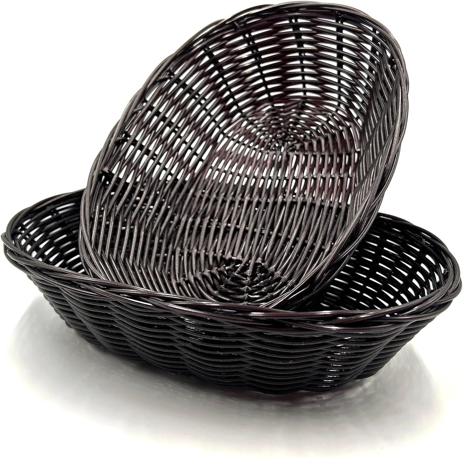 12 Pack Plastic Oval Basket, 8.6 X 6.3 X 2.1 Inch Woven Bread Baskets for Serving Small Empty Gift Baskets, Imitation Rattan Basket for Kitchen Restaurant Centerpiece Display - Dark Brown