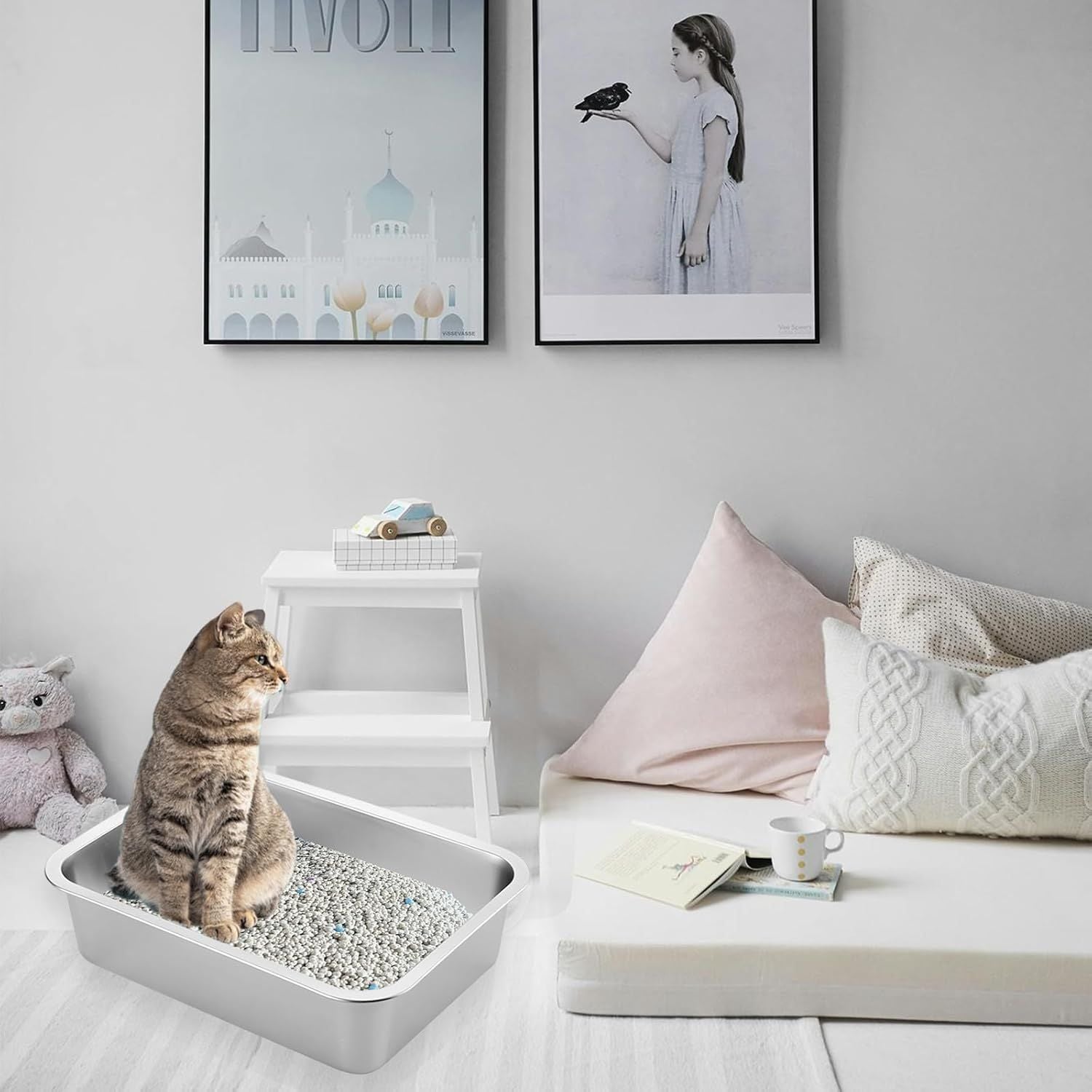 2 Pack Stainless Steel Cat Litter Box - High Side Metal Cats Toilet Large Rust Proof Litter Pan with Non Stick Smooth Surface for Cats, Kitten, Rabbits, 17.5 X 13.5 X 6 Inches