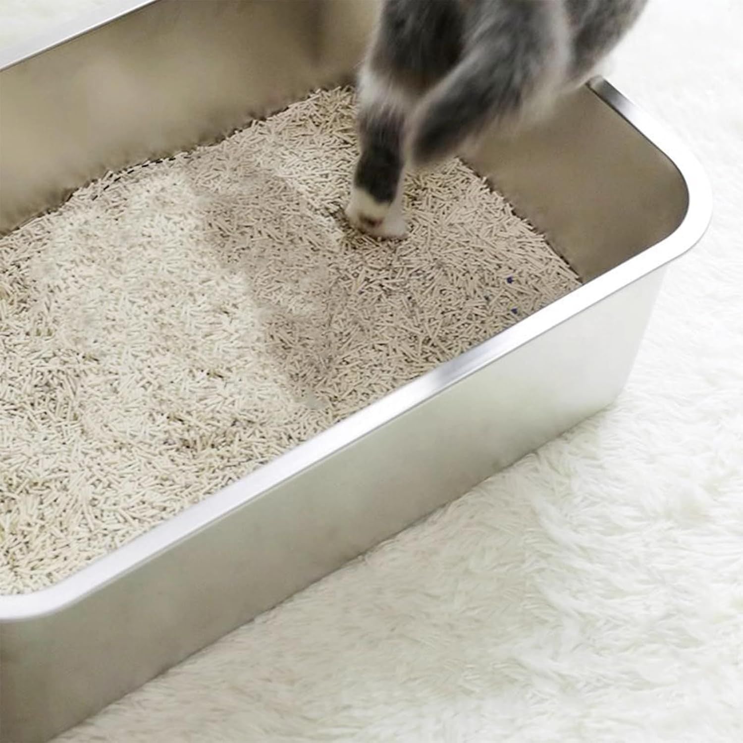 2 Pack Stainless Steel Cat Litter Box - High Side Metal Cats Toilet Large Rust Proof Litter Pan with Non Stick Smooth Surface for Cats, Kitten, Rabbits, 17.5 X 13.5 X 6 Inches